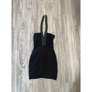 Sky Brand Black Bodycon Bandage Beaded Jewel Halter Mini Cocktail Dress XS